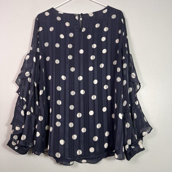 Chico's Women's Blue White Polka Dot Ruffle Sleeve Blouse Bell Sleeve Lace Sz L - Picture 10 of 12